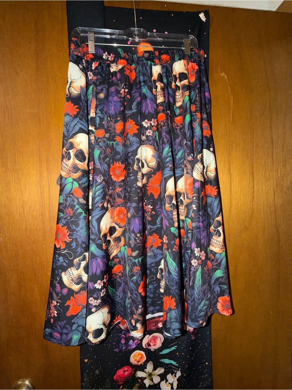 Black Floral Skull Circle Skirt with Red & Purple Accents